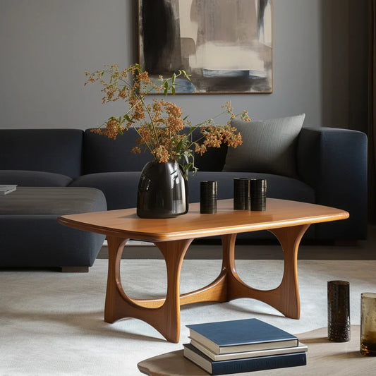 Art form coffee table with carved arched legs and modern top in a designer living room