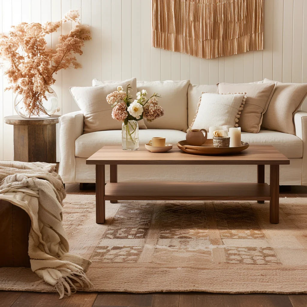 Essential coffee table with lower shelf in a modern living room with neutral tones