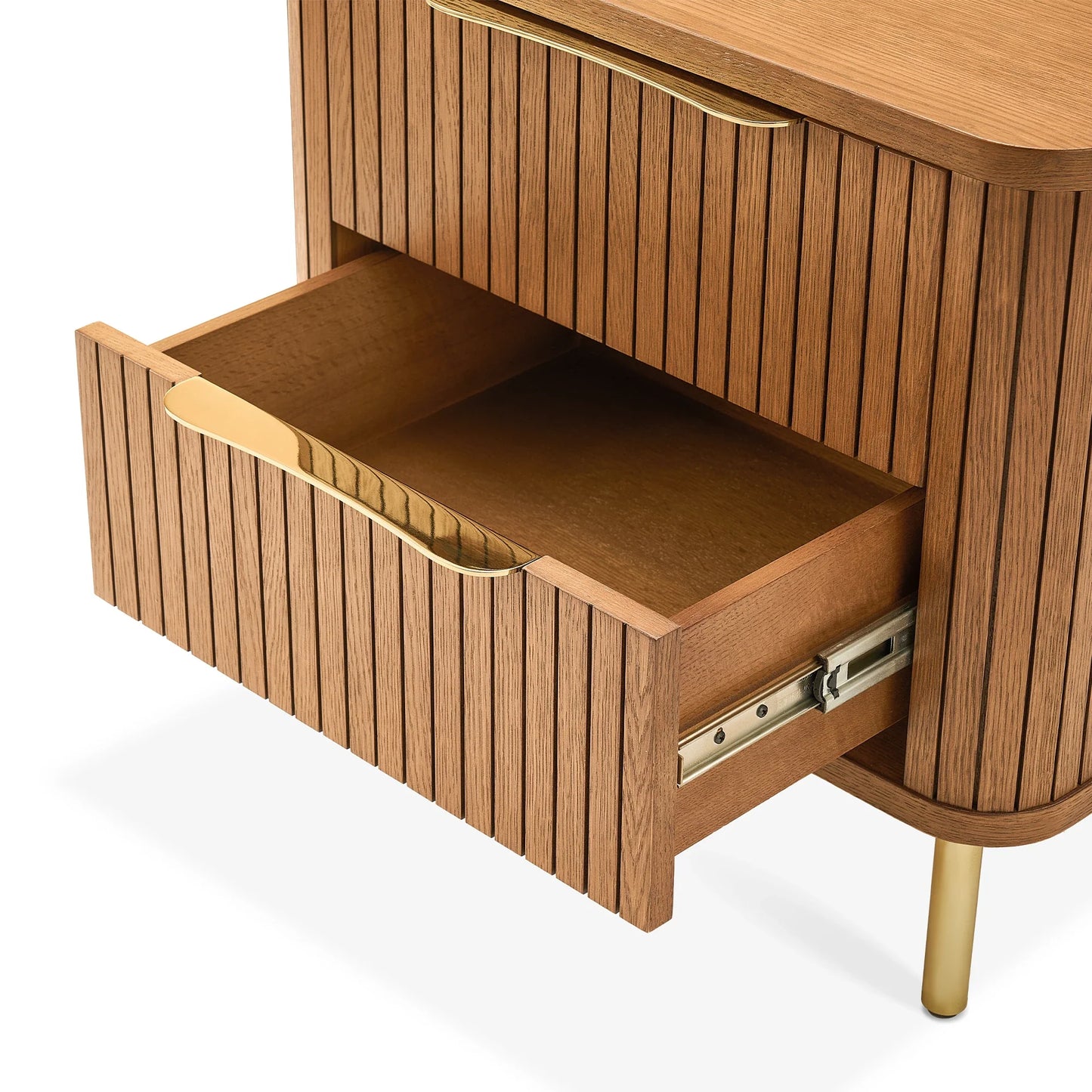 Luxury Nightstand with two drawers, vertical panel design, and gold metal legs in a modern bedroom setting