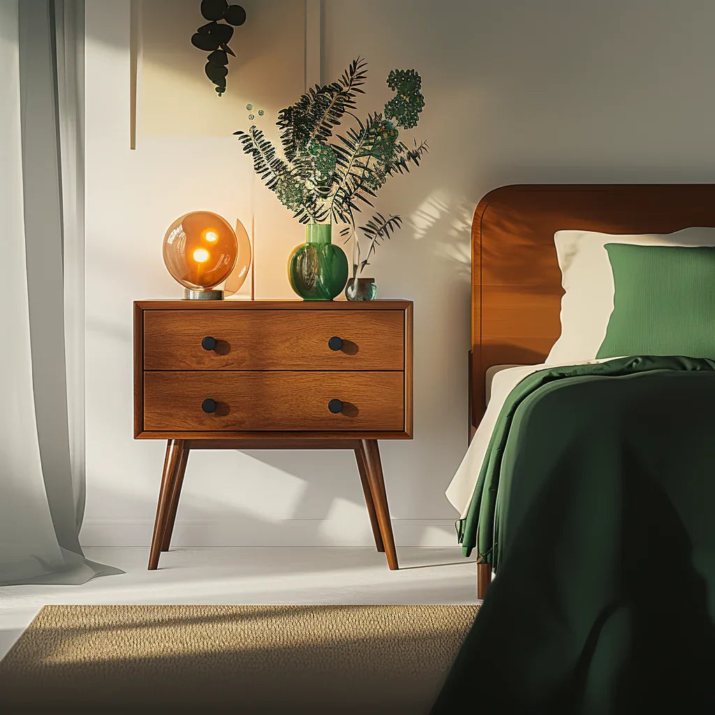 Mid Century Modern Wooden Nightstand Two Drawer Storage Table