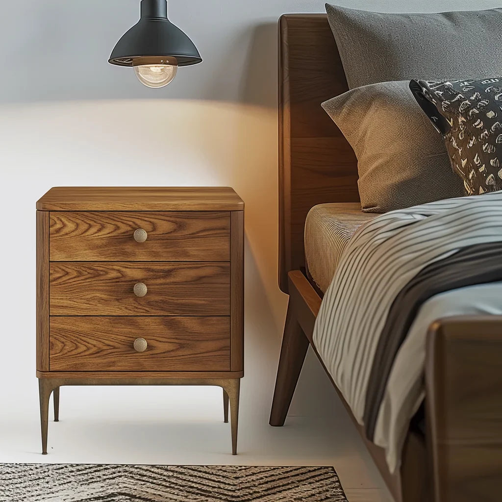 Mid Century Wooden Nightstand Three Drawer Storage Cabinet