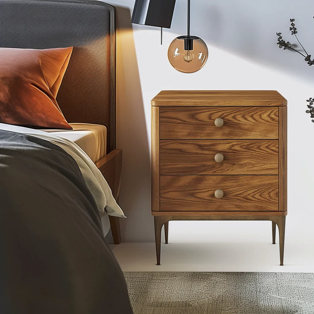 Mid Century Wooden Nightstand Three Drawer Storage Cabinet