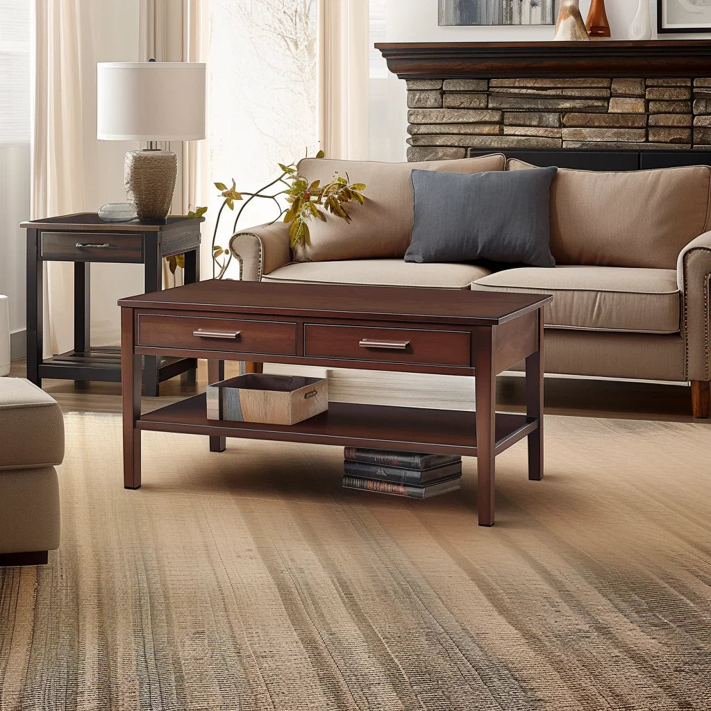 Dark Brown Coffee Table Two Drawer Storage