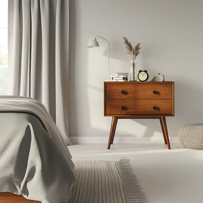 Mid Century Modern Wooden Nightstand Two Drawer Storage Table