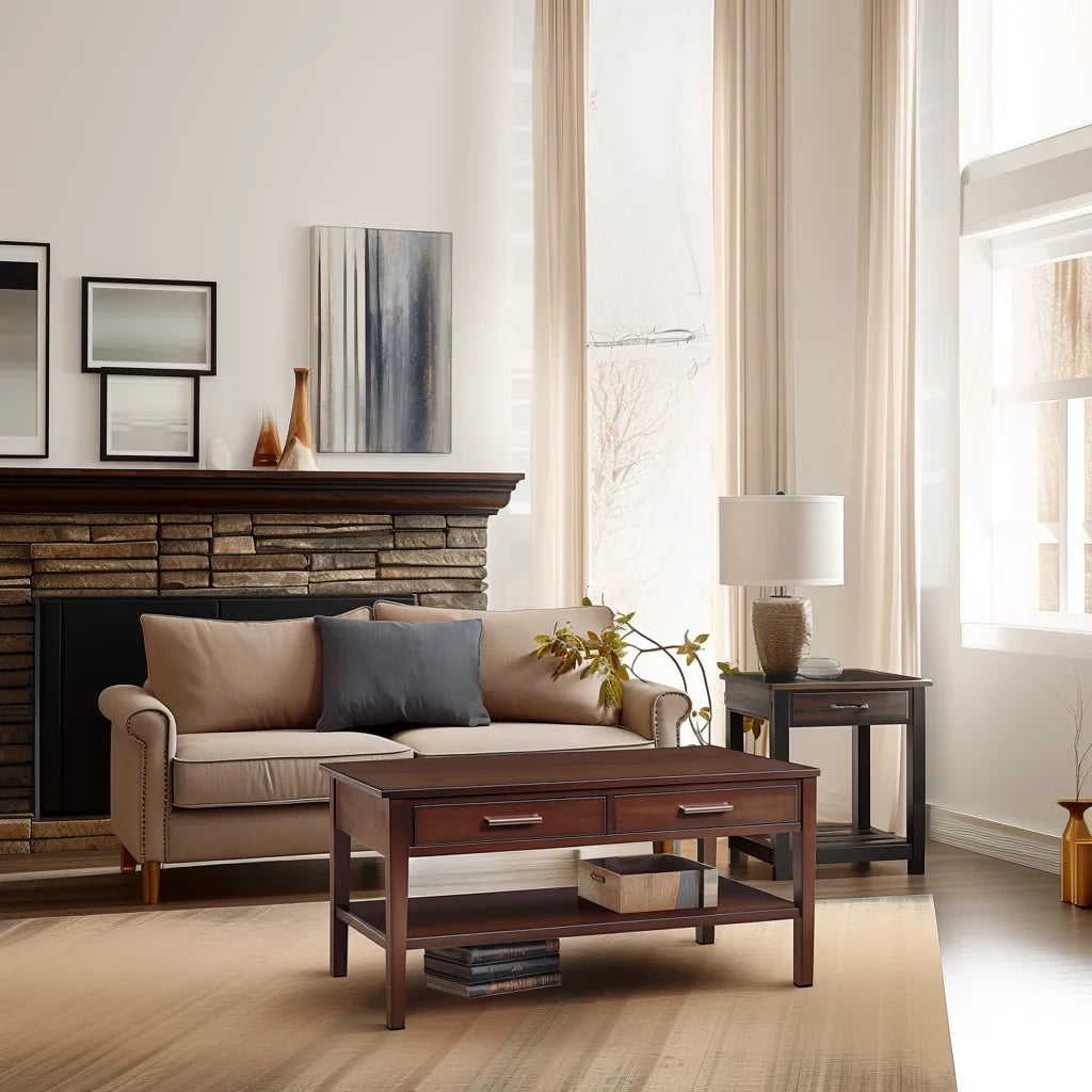 Dark Brown Coffee Table Two Drawer Storage