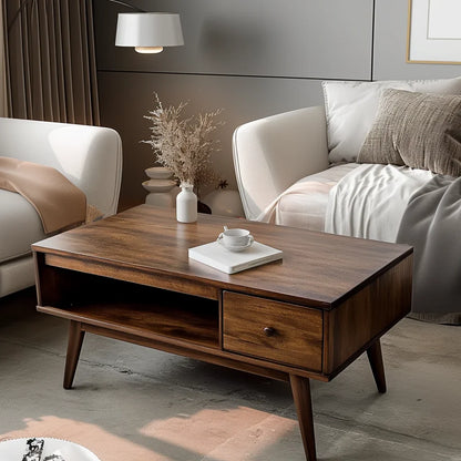 Mid-Century Coffee Table Single Drawer Open Storage Design