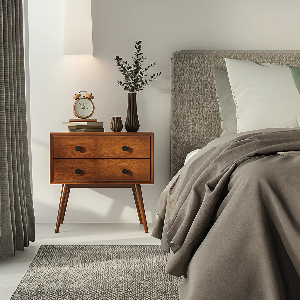 Mid Century Modern Wooden Nightstand Two Drawer Storage Table