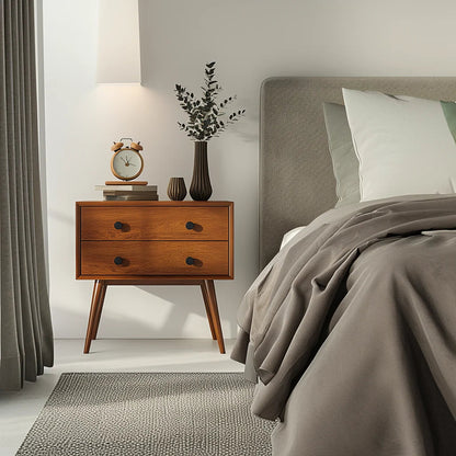 Mid Century Modern Wooden Nightstand Two Drawer Storage Table