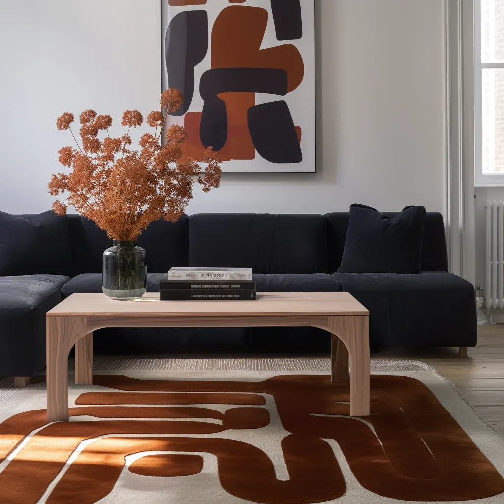 Arched leg coffee table styled in soft living room setting with sculptural presence and clean layout