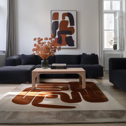 Arched leg coffee table styled in soft living room setting with sculptural presence and clean layout