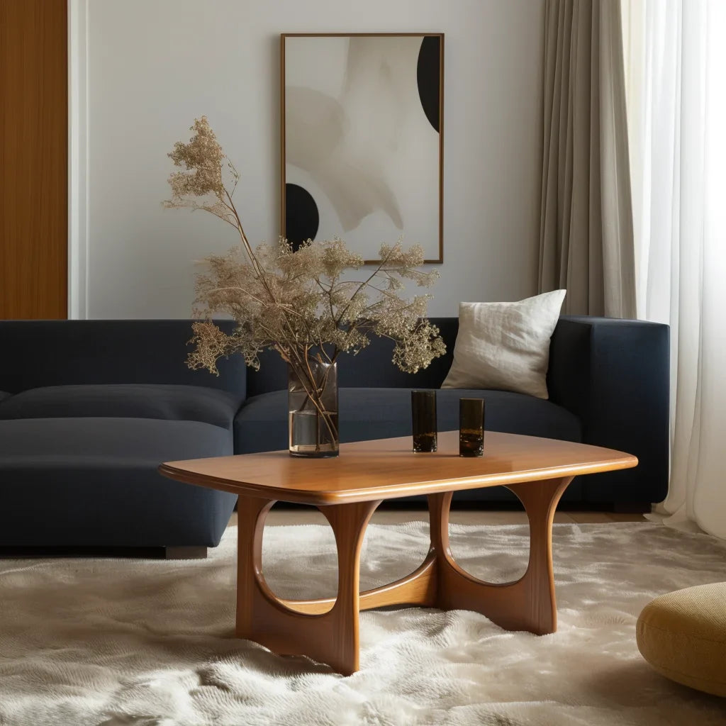 Art form coffee table with carved arched legs and modern top in a designer living room