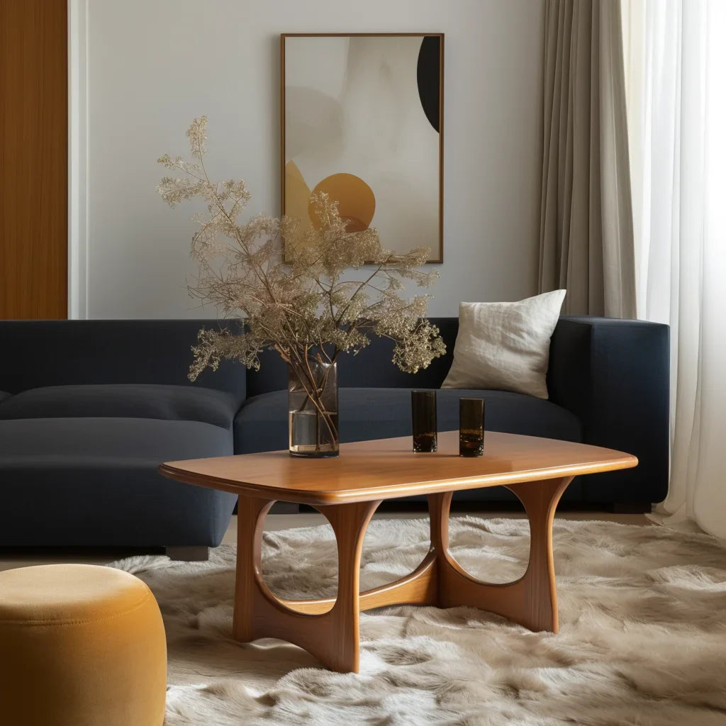 Art form coffee table with carved arched legs and modern top in a designer living room