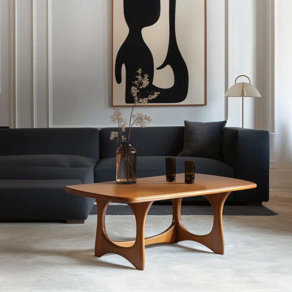 Art form coffee table with carved arched legs and modern top in a designer living room