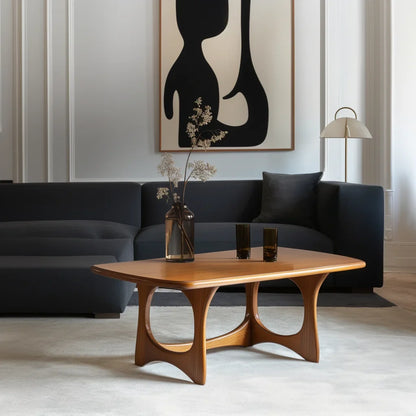 Art form coffee table with carved arched legs and modern top in a designer living room
