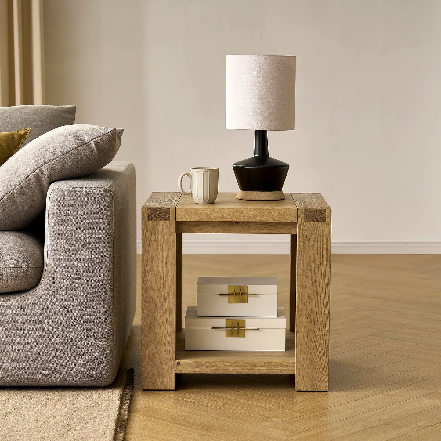 Modern Minimalist Side Table with a sleek design and open storage shelf perfect for any contemporary space