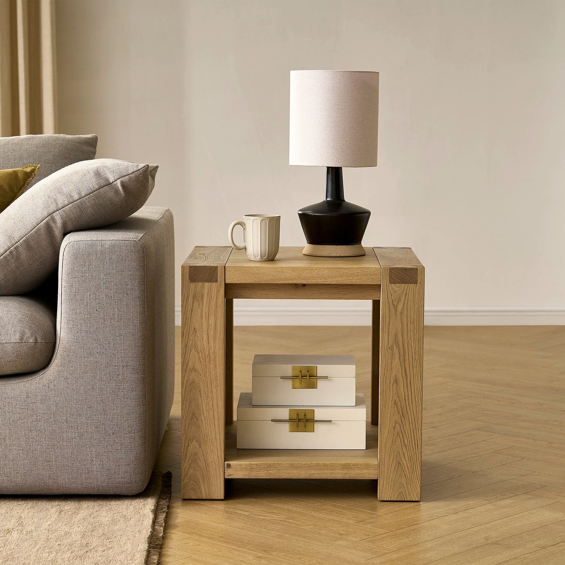 Modern Minimalist Side Table with a sleek design and open storage shelf perfect for any contemporary space