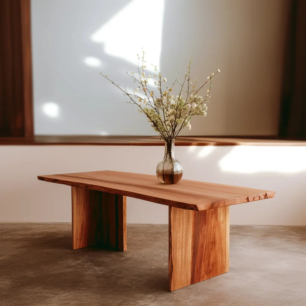 Center Table with natural edge and bold legs styled in a calm modern living room