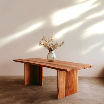 Center Table with natural edge and bold legs styled in a calm modern living room