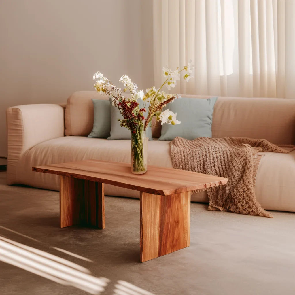 Center Table with natural edge and bold legs styled in a calm modern living room
