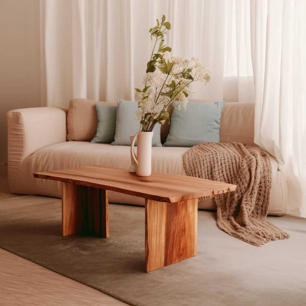 Center Table with natural edge and bold legs styled in a calm modern living room