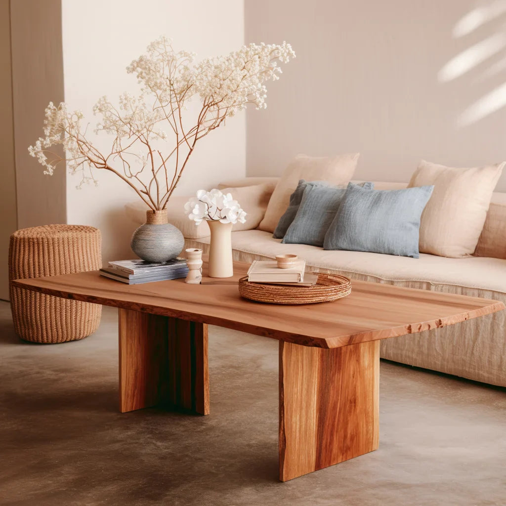 Center Table with natural edge and bold legs styled in a calm modern living room