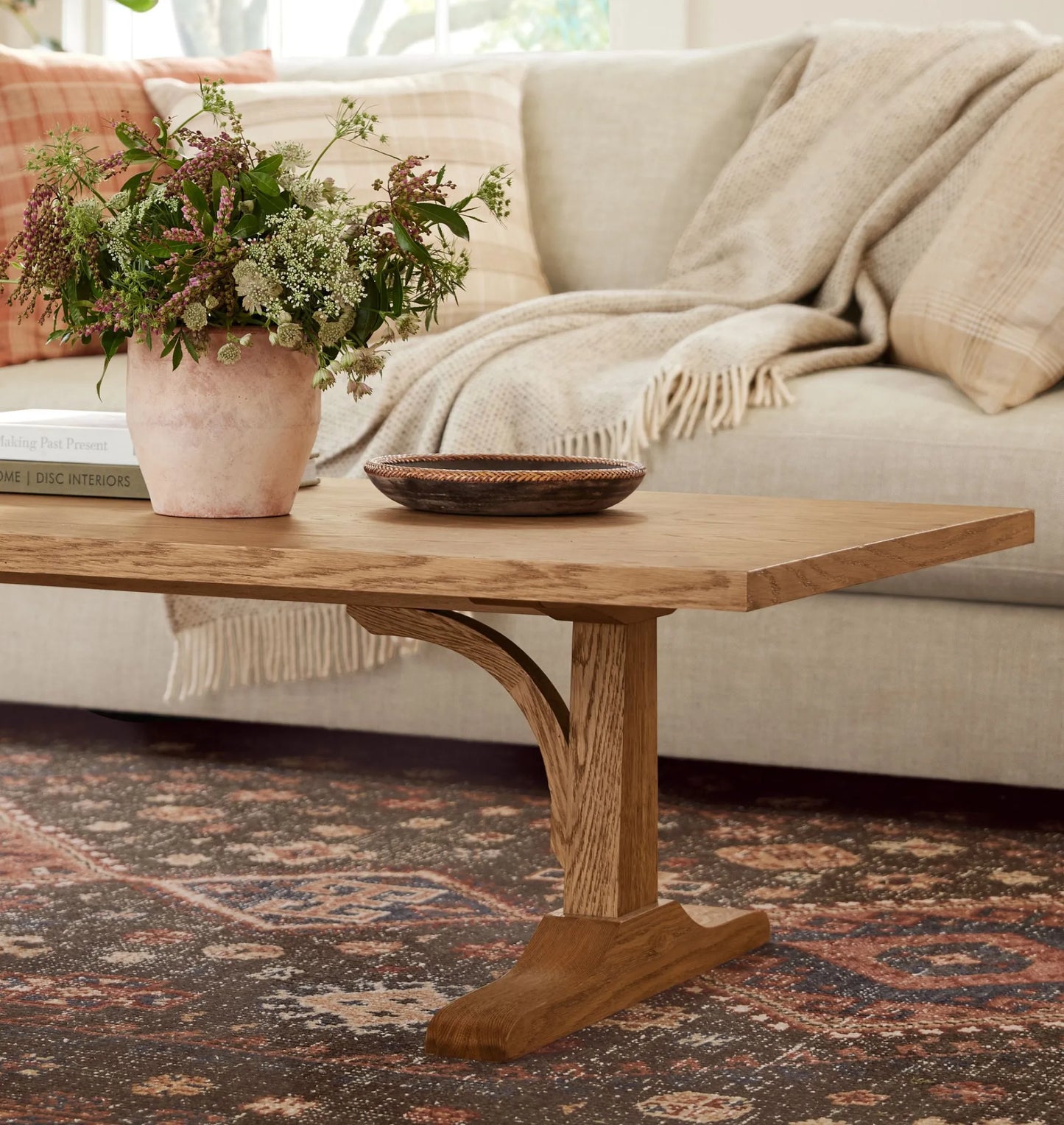 Classic Coffee Table with trestle base and natural wood finish