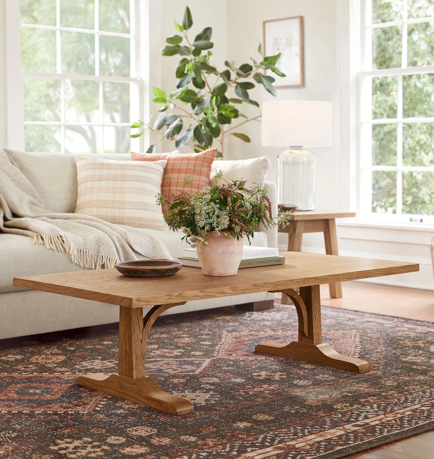 Classic Coffee Table with trestle base and natural wood finish