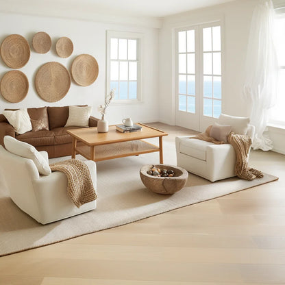 Compact coffee table with storage shelf styled in bright living room