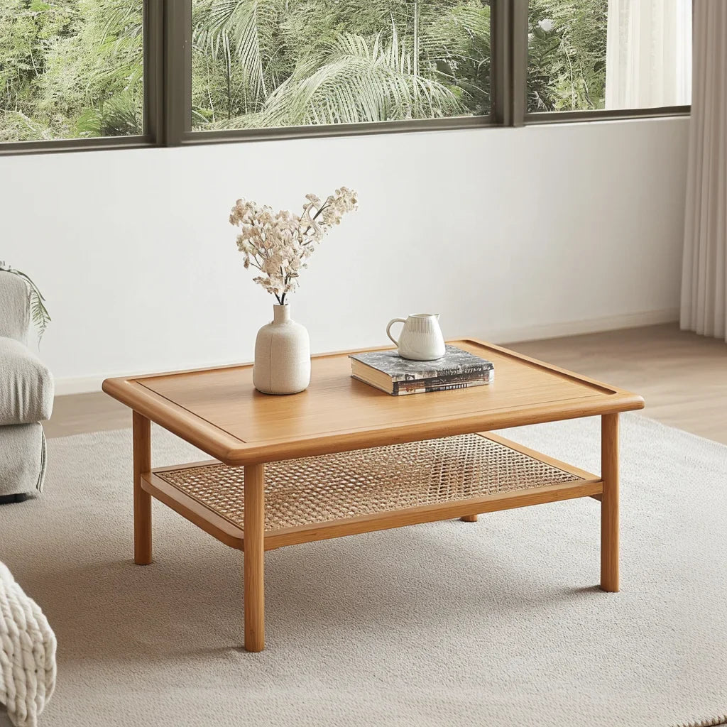 Compact coffee table with storage shelf styled in bright living room