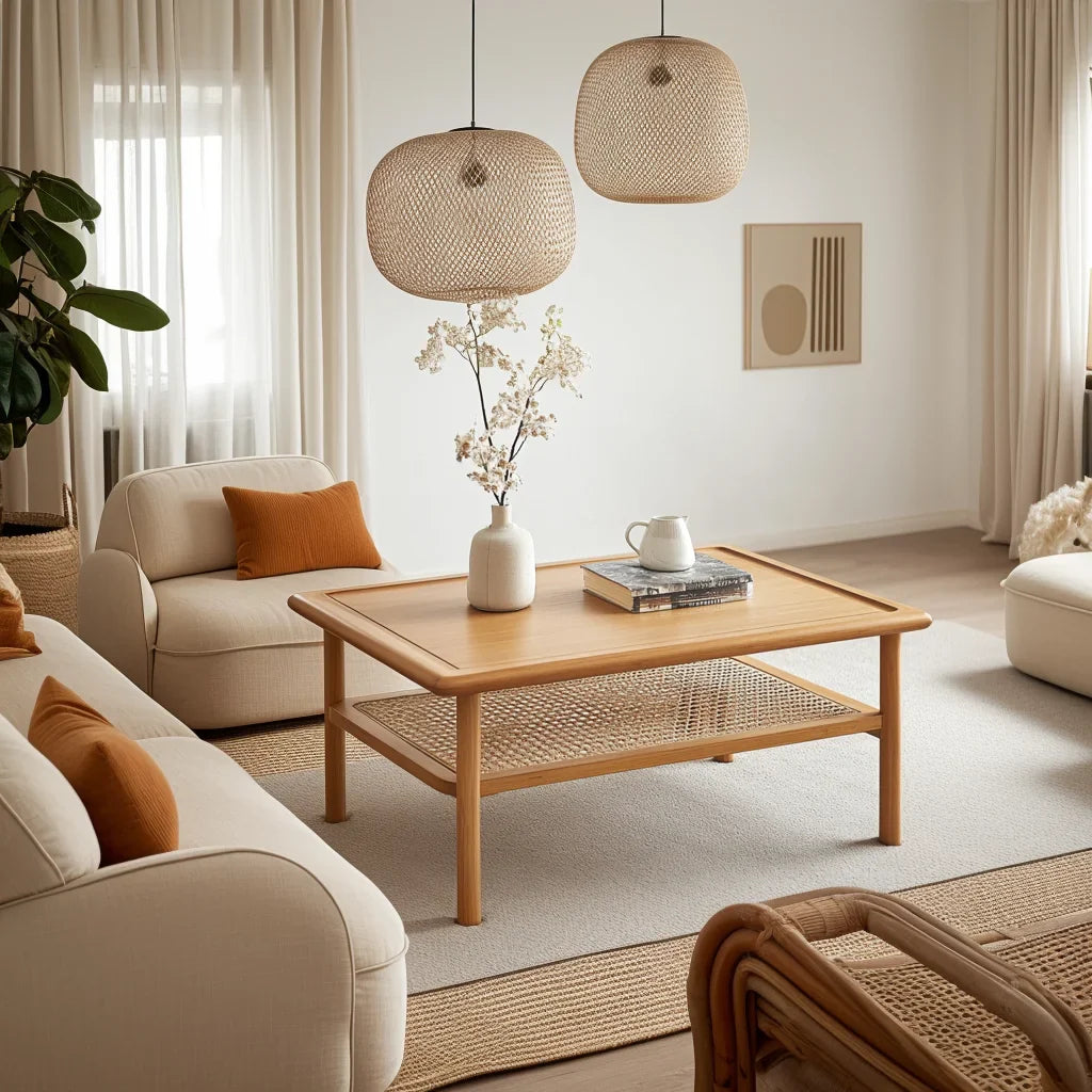 Compact coffee table with storage shelf styled in bright living room