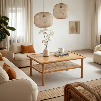 Compact coffee table with storage shelf styled in bright living room