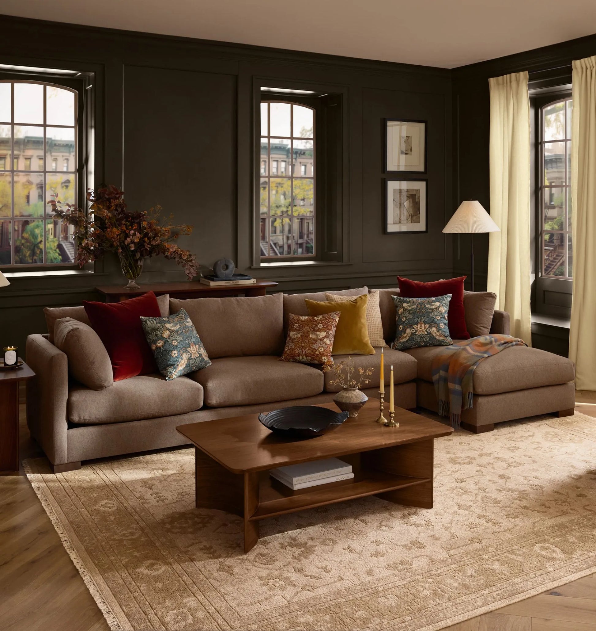 Contemporary Curved Coffee Table with rich wood finish and lower shelf