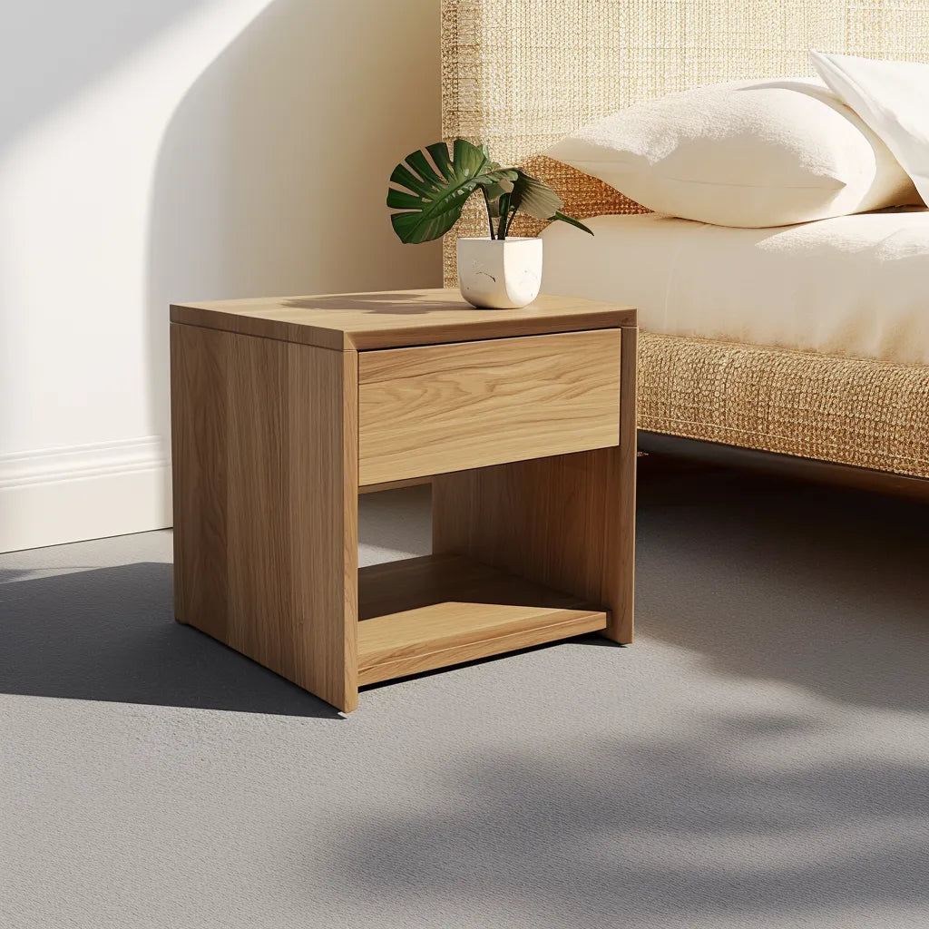 Contemporary nightstand storage single drawer open shelf sleek minimalist design