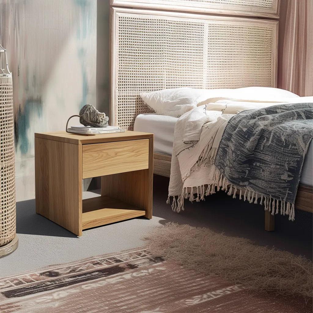 Contemporary nightstand storage single drawer open shelf sleek minimalist design