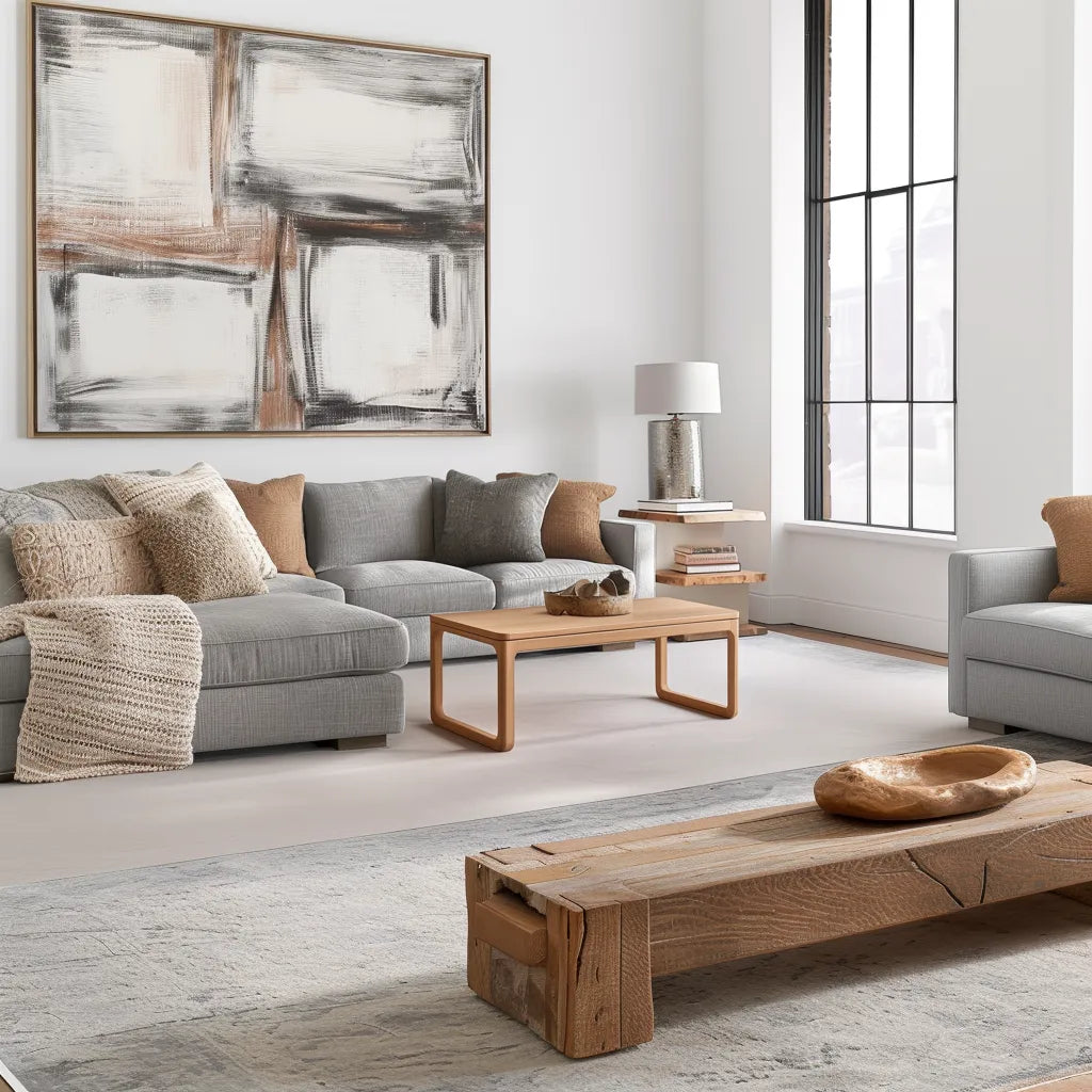 Contemporary rounded edge wooden coffee table in a modern living room.