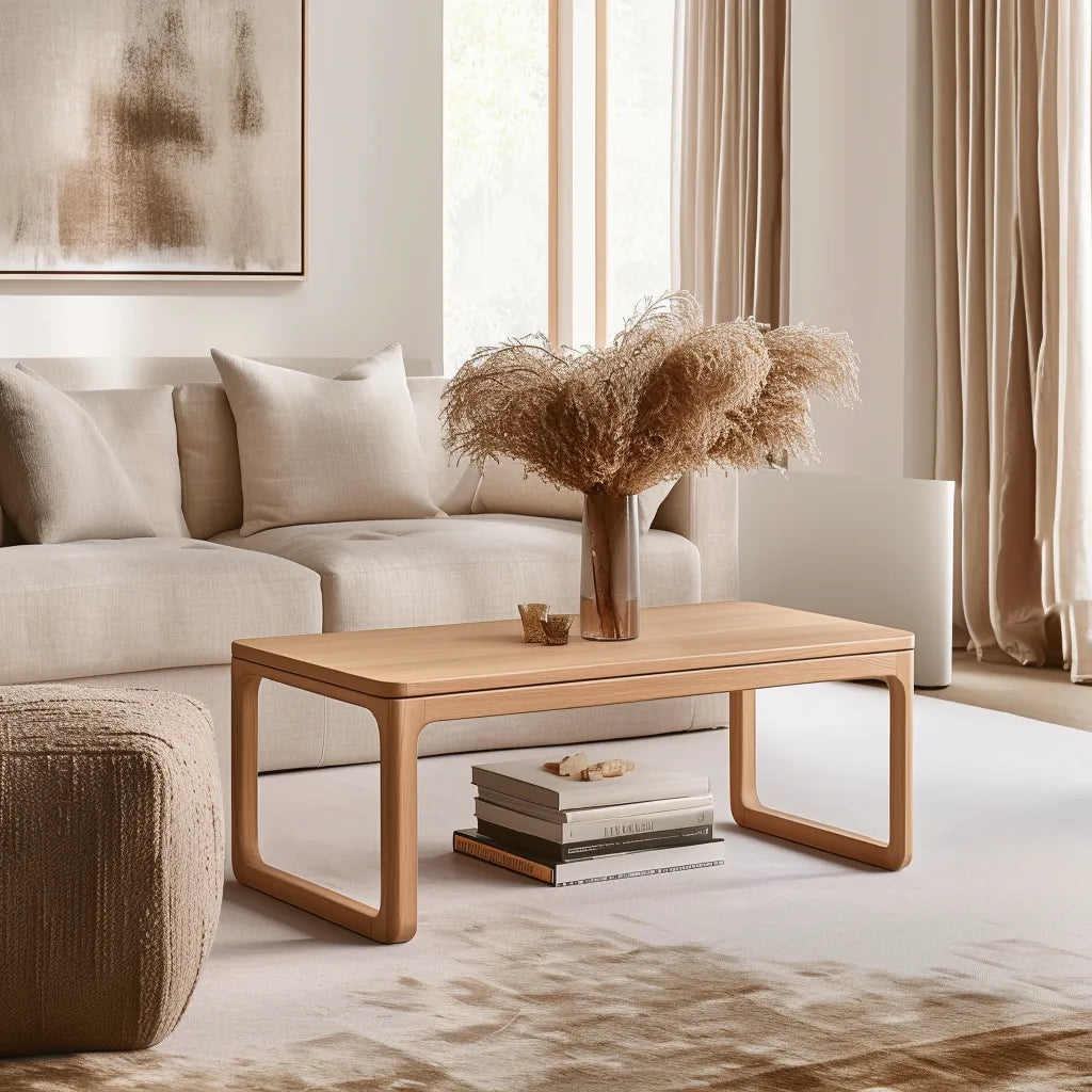 Contemporary rounded edge wooden coffee table in a modern living room.