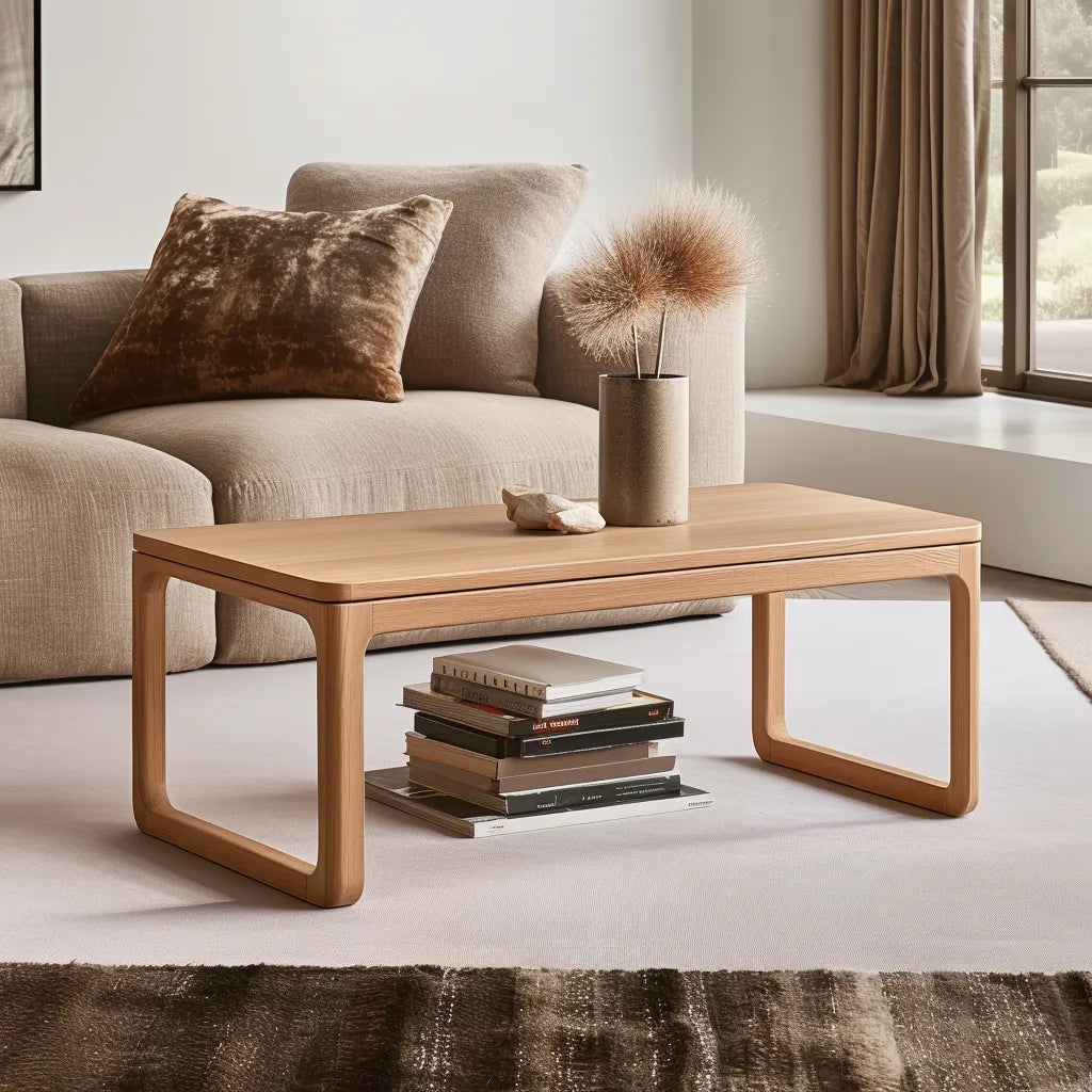 Contemporary rounded edge wooden coffee table in a modern living room.