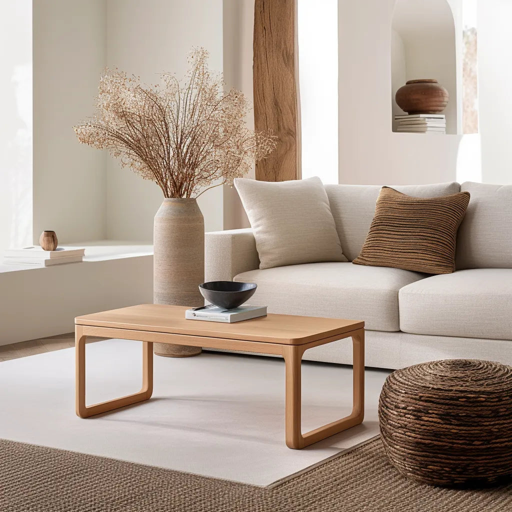 Contemporary rounded edge wooden coffee table in a modern living room.