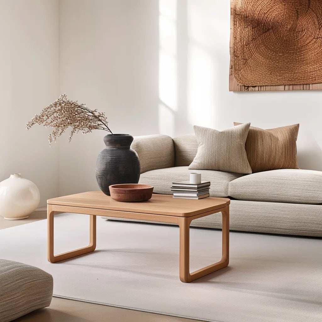 Contemporary rounded edge wooden coffee table in a modern living room.