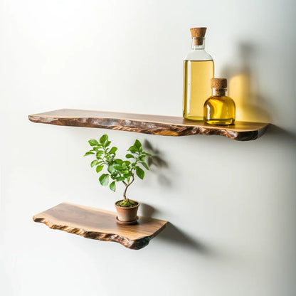 Curved Edge Shelf styled in bathroom and kitchen spaces with plants and amber bottles