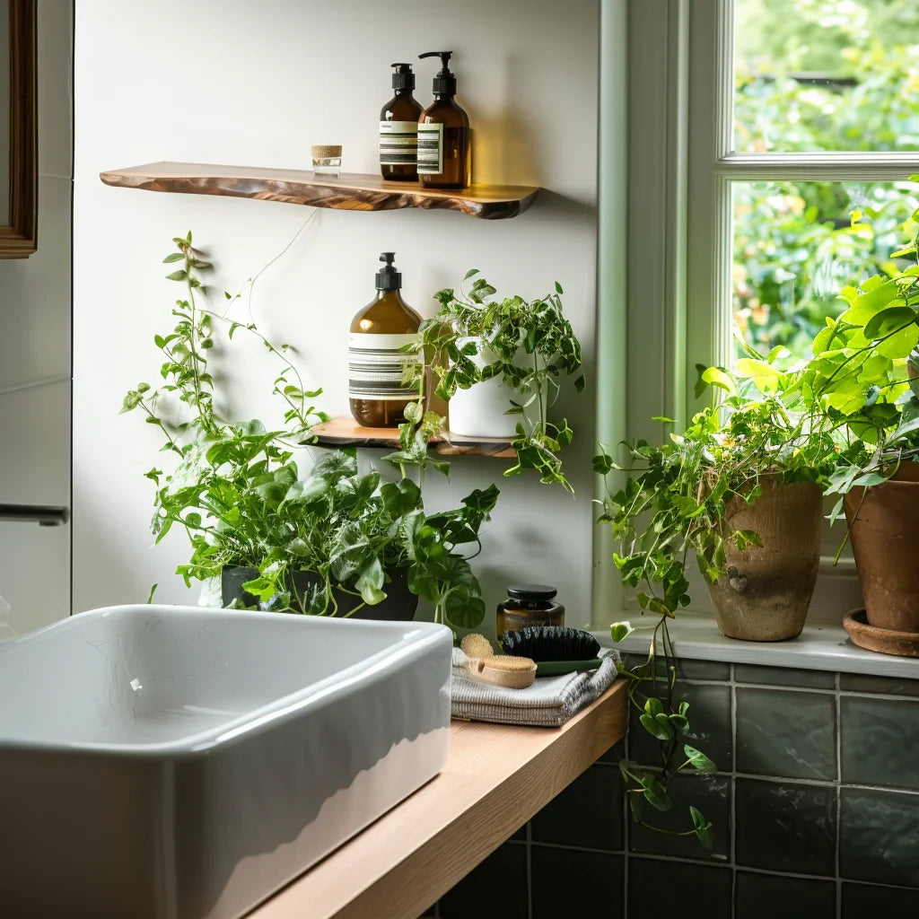 Curved Edge Shelf styled in bathroom and kitchen spaces with plants and amber bottles