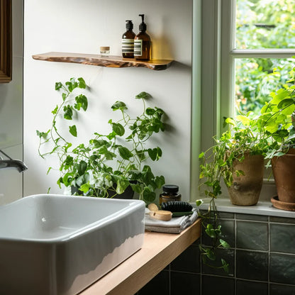 Curved Edge Shelf styled in bathroom and kitchen spaces with plants and amber bottles