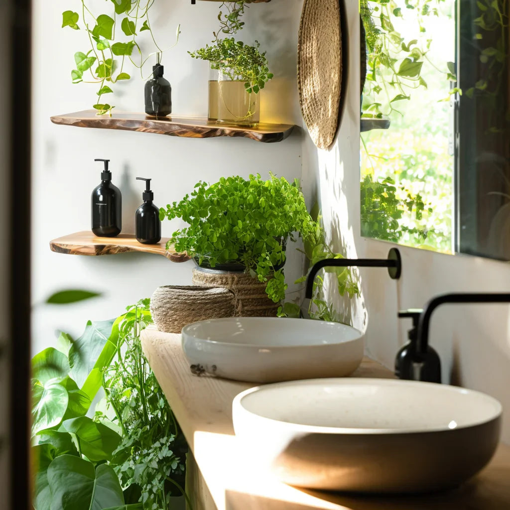 Curved Edge Shelf styled in bathroom and kitchen spaces with plants and amber bottles