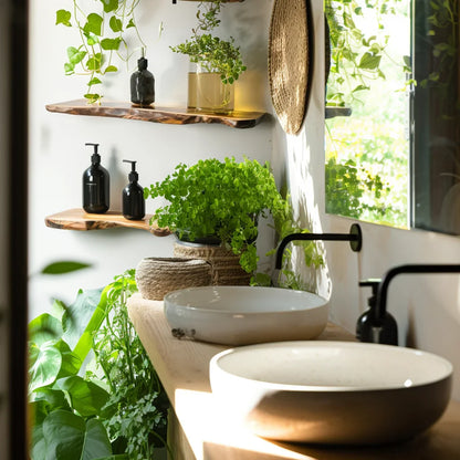 Curved Edge Shelf styled in bathroom and kitchen spaces with plants and amber bottles