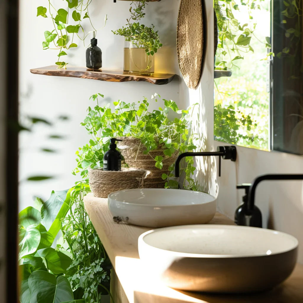 Curved Edge Shelf styled in bathroom and kitchen spaces with plants and amber bottles