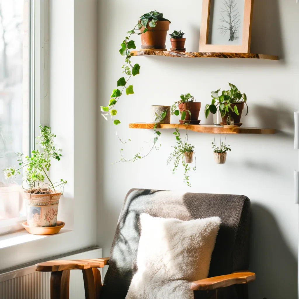 Curved Edge Shelf styled in bathroom and kitchen spaces with plants and amber bottles