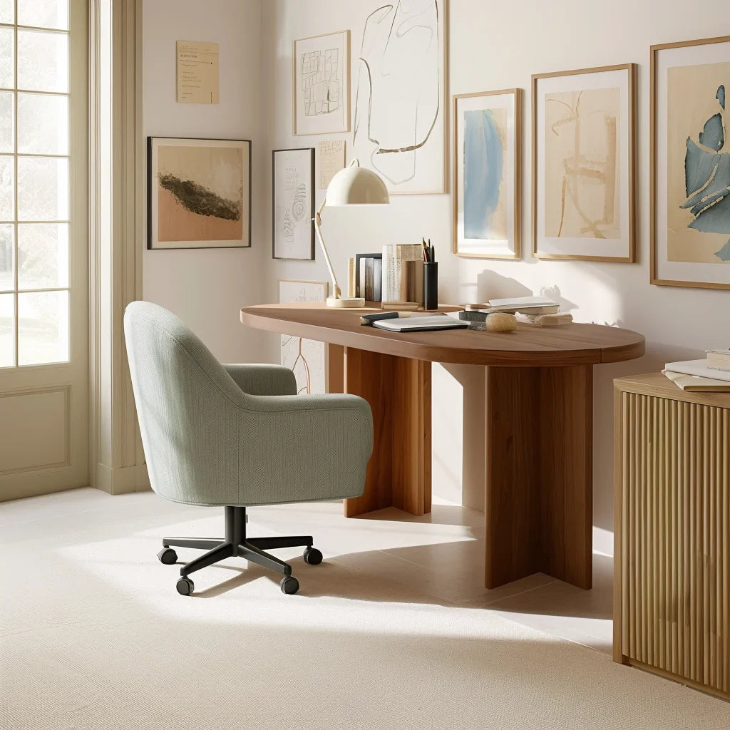 Curved edge desk styled in a serene modern home office with natural light