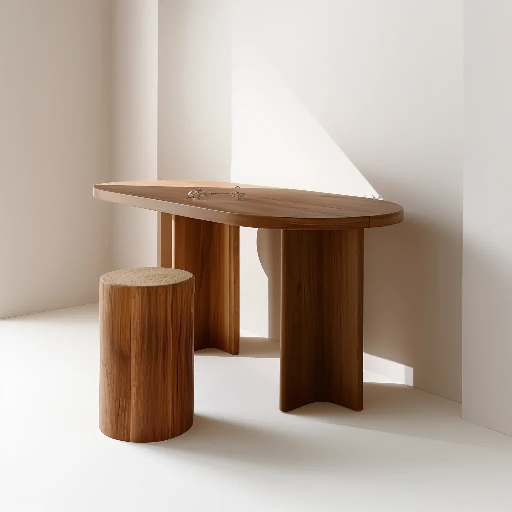 Curved edge desk styled in a serene modern home office with natural light