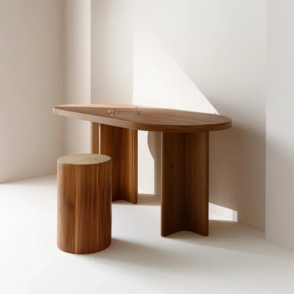 Curved edge desk styled in a serene modern home office with natural light