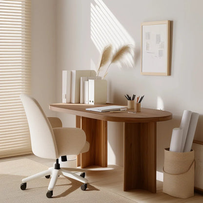 Curved edge desk styled in a serene modern home office with natural light